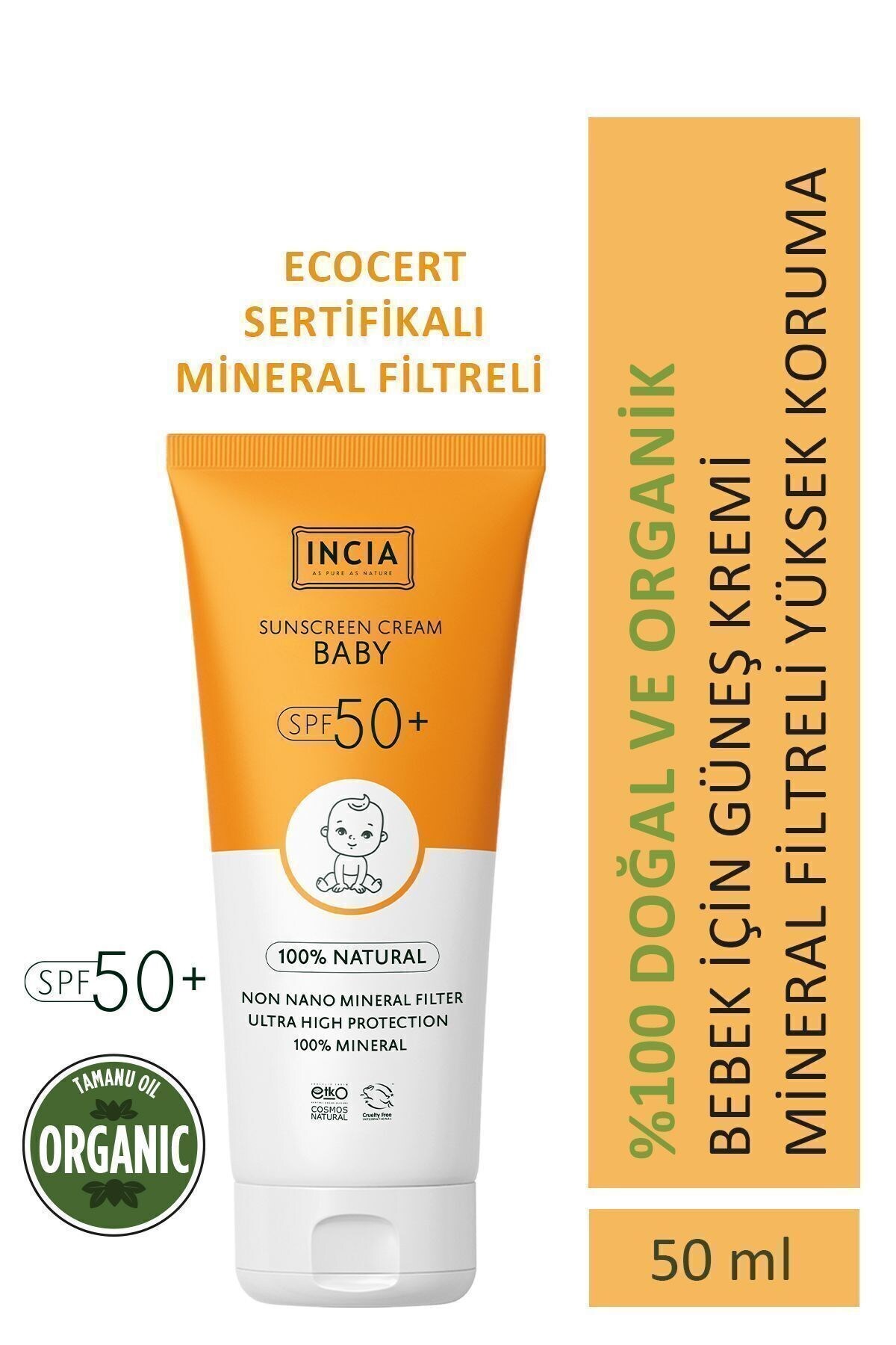 INCIA %100 Doğal Bebek için Güneş Kremi Mineral Filtreli 50 SPF 50ml - 1