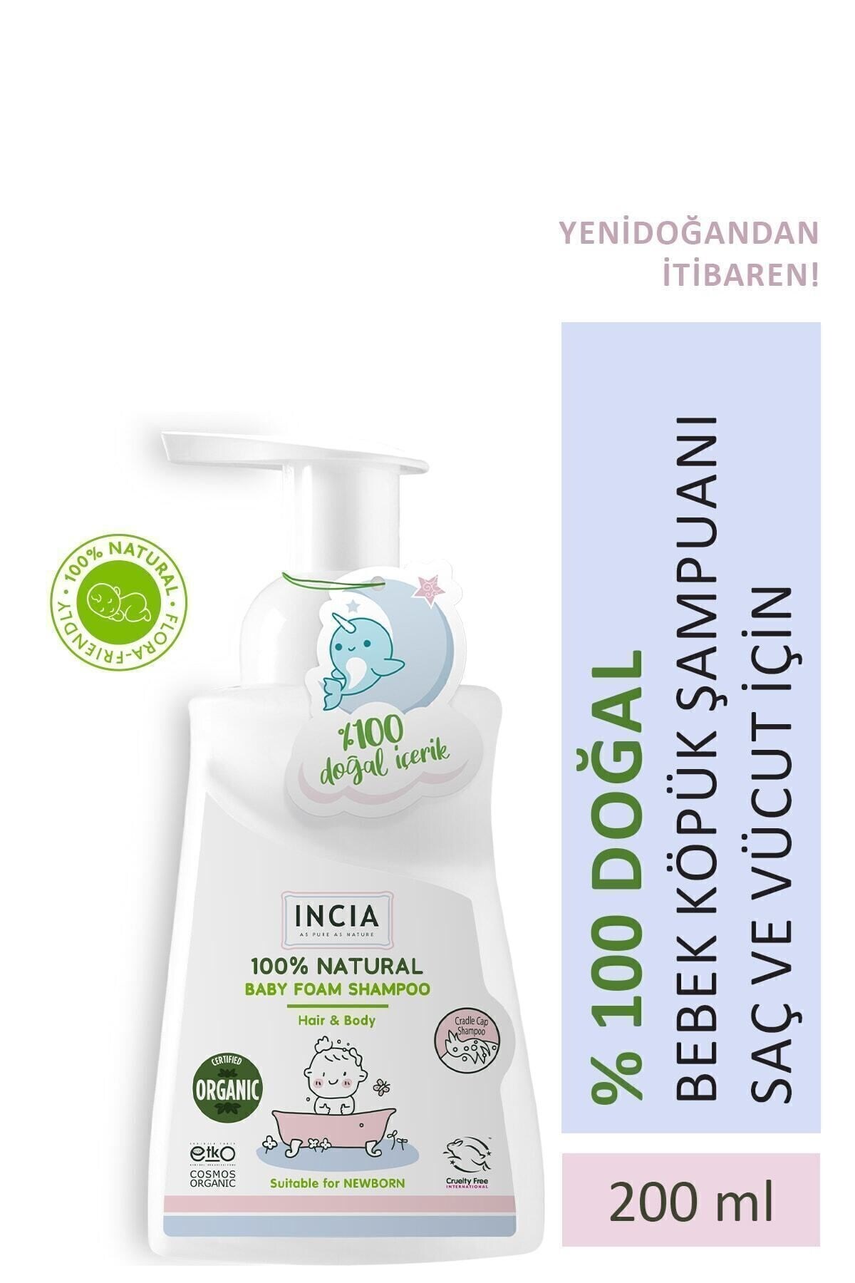 INCIA Organik Sertifikalı ve %100 Doğal Bebek Köpük Şampuanı 200ml - INCIA 